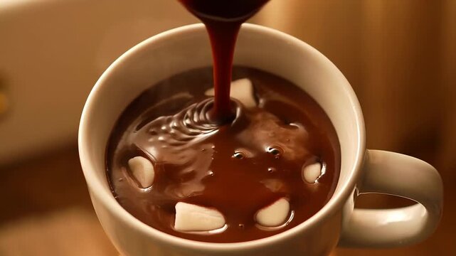 Pouring hot chocolate with marshmallows