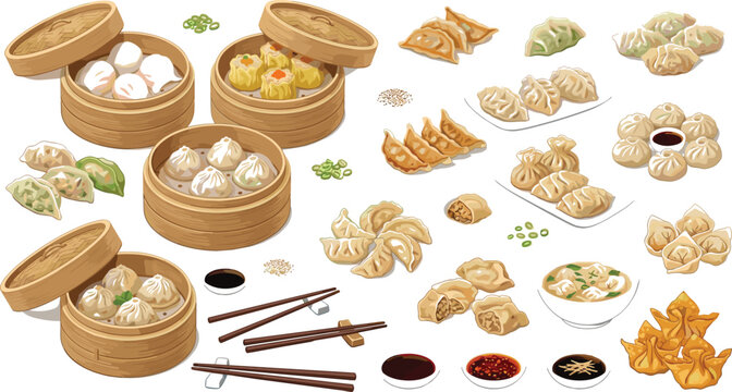 Comprehensive collection of traditional Chinese dim sum and dumpling vector illustrations in bamboo steamers for Asian restaurant menus and culinary advertising