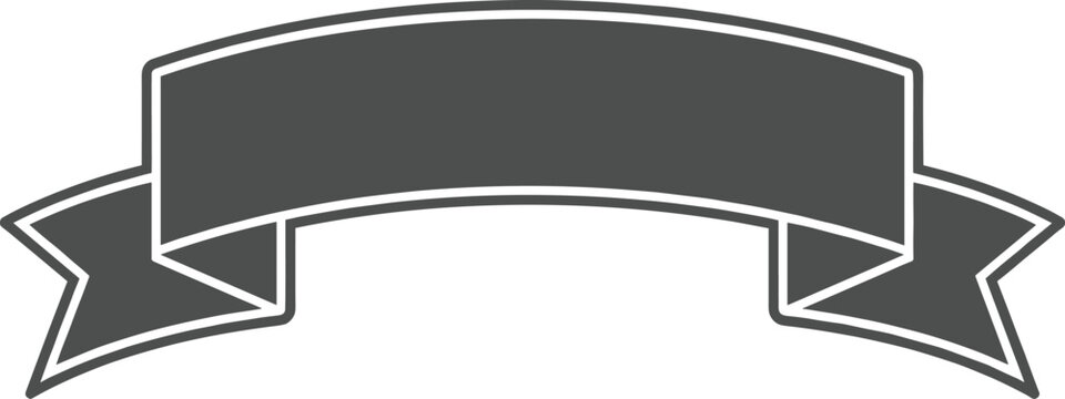 Blank dark gray ribbon banner with white outline, curved edges and pointed tails, versatile decorative design element for labels, logos, headings, emblems, and promotional graphics.