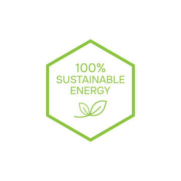 A geometric green hexagon outline logo template displaying 100% sustainable energy text with a fine line leaf icon, designed for renewable clean energy tech companies.