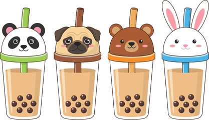 Cute animal boba milk tea vector illustration set featuring panda pug dog teddy bear and rabbit character cup lids (18 words) © Rony