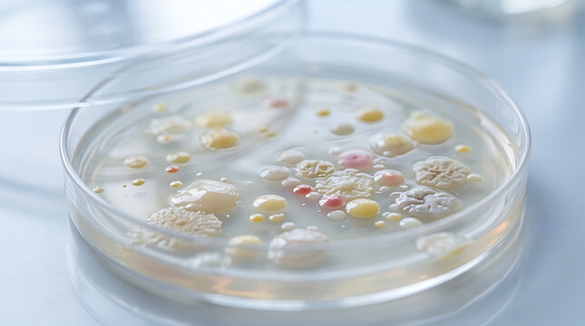 A scientist examines various colored bacterial colonies growing on an agar plate in a laboratory setting with a petri dish.