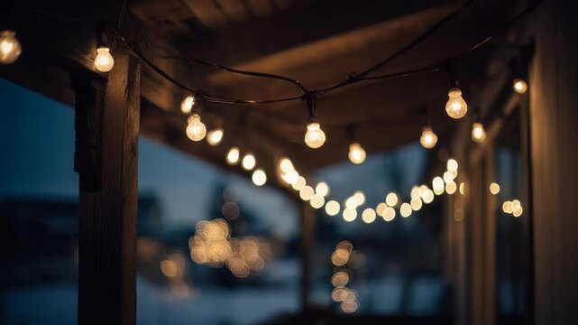 A row of decorative string lights hangs across a rustic porch, casting a gentle glow as night falls. The blurred background and warm tones evoke feelings of comfort and relaxation