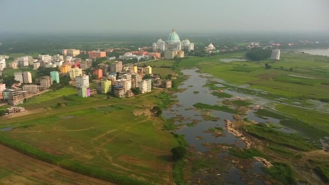 Aerial view of Mayapur, rice fields, the Ganga River, and the Vedic Planetarium