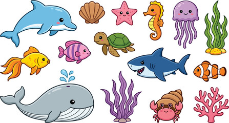 Collection of cute cartoon sea animals and marine life vector illustration isolated on white background featuring whale dolphin shark turtle jellyfish and coral elements. © Mifta
