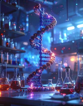 A glowing DNA double helix model on a laboratory table surrounded by beakers