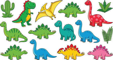 Collection of cute cartoon dinosaurs and prehistoric plants vector illustration isolated on white background featuring tyrannosaurus pterodactyl stegosaurus brachiosaurus and spinosaurus characters. © Mifta