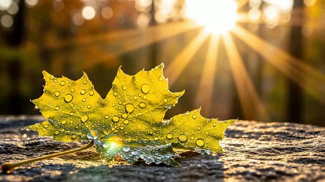 Macro Shot Of Dew-Covered Maple Leaf Resting On Weathered Stone Illuminated By Sunlight Rays In A Peaceful Forest Setting