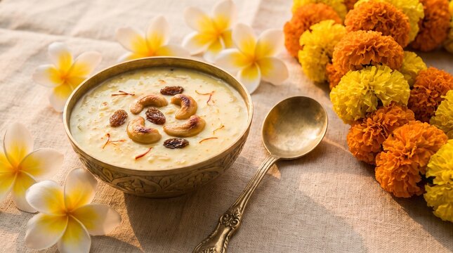 Onam Pookalam with payasam, Kerala sweets dessert ari payasam with flowers
