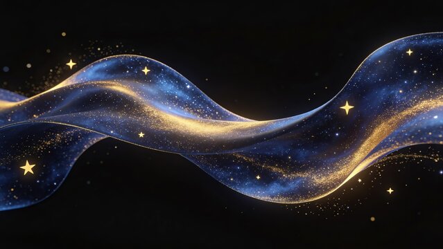 Blue and Gold Flowing Aurora with Sparkling Particles and Four-Pointed Stars on Dark Canvas