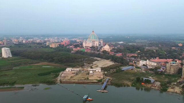 A drone shot of the Vedic Planetarium from the Ganges River