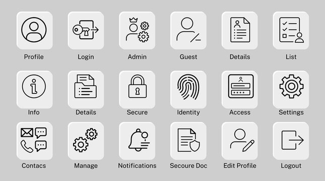  Minimal User Account and Profile Management Line Icons Set, Login, Logout, Admin, Security, Identity, Settings, Notifications, Contact, UI UX Outline Vector Collection