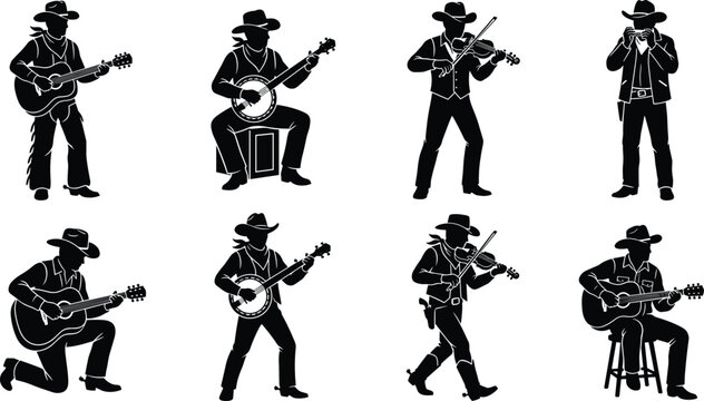 Western Cowboy Musician Silhouette Collection with Guitar Banjo Fiddle and Harmonica Performance Poses
