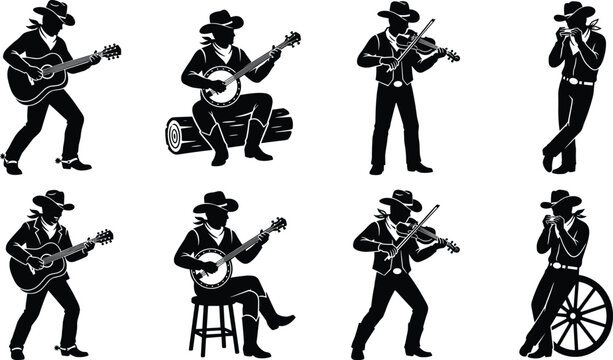 Western Cowboy Musician Silhouette Collection with Guitar Banjo Fiddle and Harmonica Performance Set