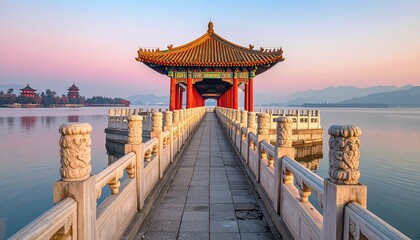 Obraz premium Summer Palace Long Corridor with Lake View at Dawn