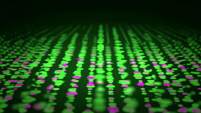Low-angle glowing green and magenta dot grid receding into dark horizon with strong perspective, soft focus, subtle depth, and futuristic motion mood, with technology, data, digital, grid detail