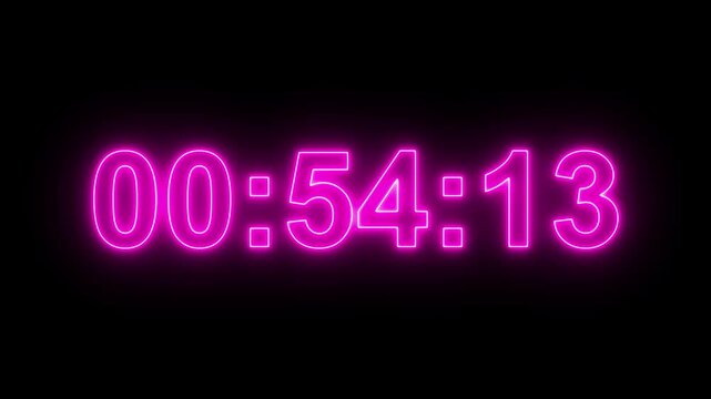 Neon line 60 minute or 1 hour countdown timer animation on black background. Digital Countdown timer one minute animation from 60 to 0 seconds on transparent background. 1 hours countdown timer. 