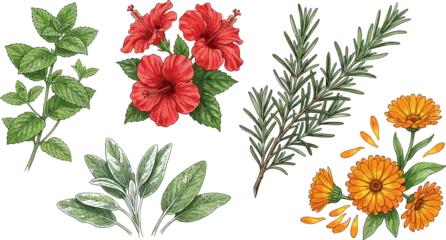 Fotobehang Tropische Bladeren Organic medicinal herbs and botanical flowers illustration set featuring oregano hibiscus rosemary sage and calendula for natural skincare cosmetic packaging  © Protima