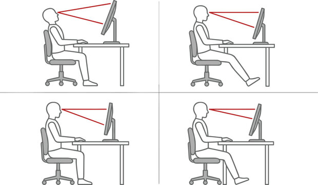 Vector illustration set showing correct and incorrect ergonomics for sitting posture line of sight at a computer desk