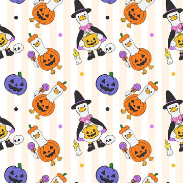 Happy Halloween Seamless Pattern set Vector cute illustration in hand drawn style.Seamless Halloween Pattern with Cute Silly Goose Ghost Pumpkin  Spooky Costume.