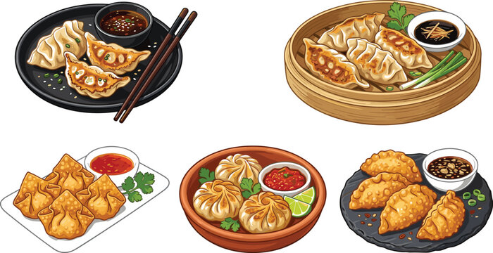 Pan fried and crispy deep fried Asian dumpling illustration collection featuring gyoza potstickers wontons and dipping sauces for restaurant menu food marketing