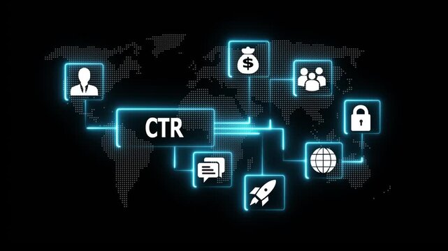 Ctr click-through rate digital marketing concept with glowing connected network and global map background