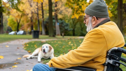 Fototapeta premium Senior Man in Wheelchair Enjoys Autumn Day in Park with Yellow Lab Dog Relaxing Nearby