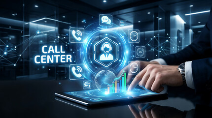 Fototapeta premium Call center concept with digital interface and illuminated network connections blue tones