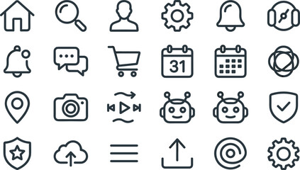 Universal website user interface line icon set featuring home search profile shopping cart and chatbot symbols for mobile app design © Protima