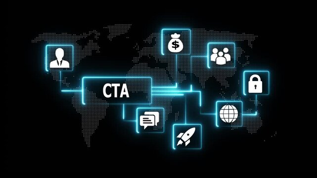 Digital call to action cta concept with glowing network and global connectivity map for business marketing and online strategy animation