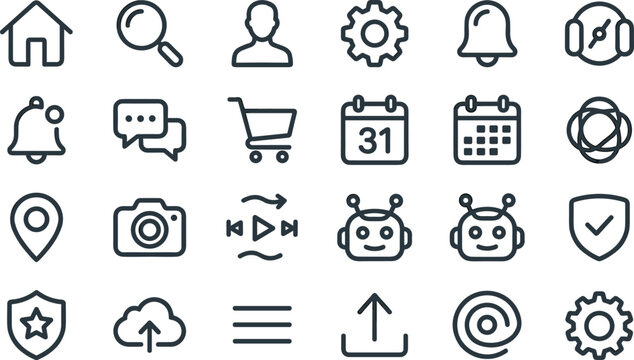 Universal website user interface line icon set featuring home search profile shopping cart and chatbot symbols for mobile app design
