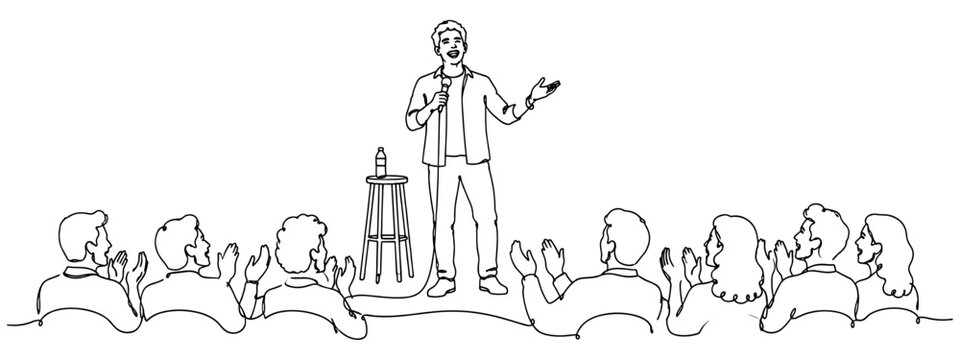 Continuous line drawing of a comedian performing on stage in front of an applauding audience during a live comedy show.