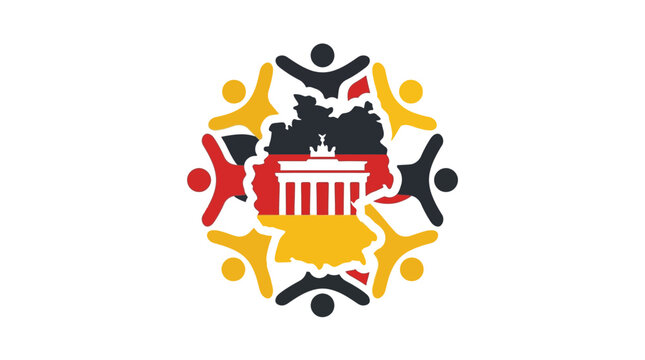 Colorful People Circle Around Germany Map with Brandenburg Gate Icon