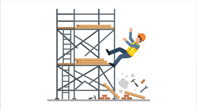 Construction worker falling from a collapsing scaffold with tools and debris scattered below, illustrating a workplace accident.