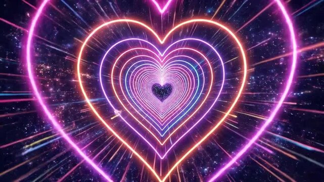 A glowing neon heart tunnel creates a vibrant cosmic light effect