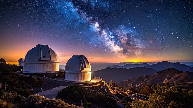 Astronomical observatory domes under a vibrant starry night sky