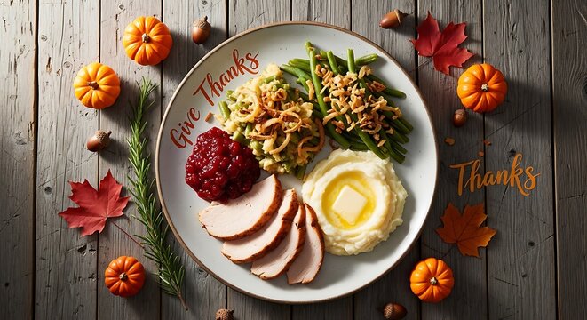 Traditional Thanksgiving dinner on a plate with turkey mashed potatoes green beans and cranberry sauce