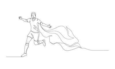 Obraz premium Continuous single line drawing of male soccer player running with flowing flag celebrating match victory and success