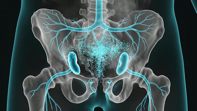 Professional X-Ray Style Visualization Of The Pelvic Lymphatic System Highlighting The Iliac Regions And Lymphatic Vessels In A Medical Context