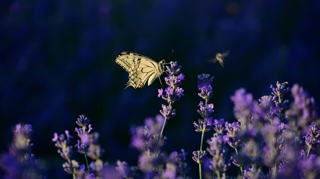 Swallowtail butterfly drinking nectar from purple lavender bringing pollination to the field