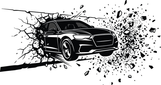 Black and white vector illustration of a modern car crashing through a brick wall with exploding debris isolated on white