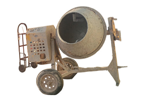 Portable concrete mixer machine on wheels. Industrial equipment for masonry work, site infrastructure, cement mixing, building renovation, construction project, housing development, hardware tool, mor