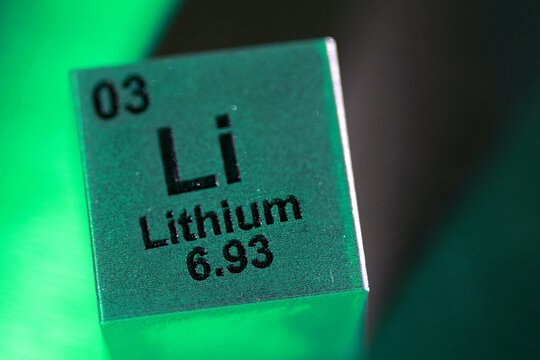 Cambridge, United Kingdom - May 7 2026: A scientific display shows a block representing the lithium element with its symbol Li, atomic number, and mass number in an educational chemistry context.