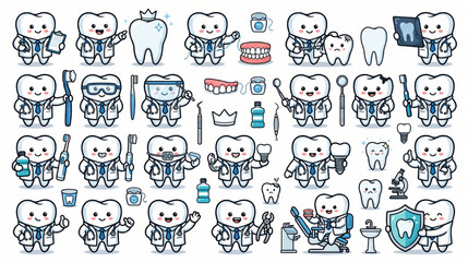 Fototapeta premium Dental Care Cartoon Character Bundle for Pediatric Dentistry, Oral Health and Healthcare Design