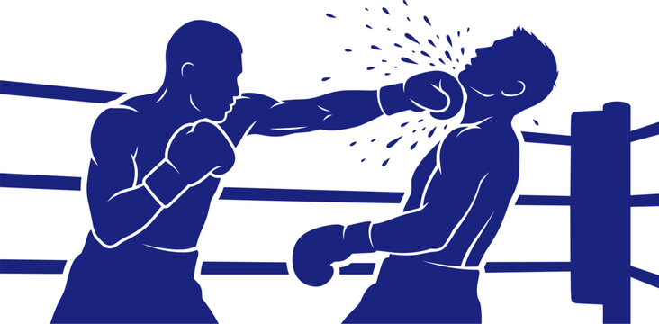 Silhouette of two male boxers fighting in ring with one punching opponent face