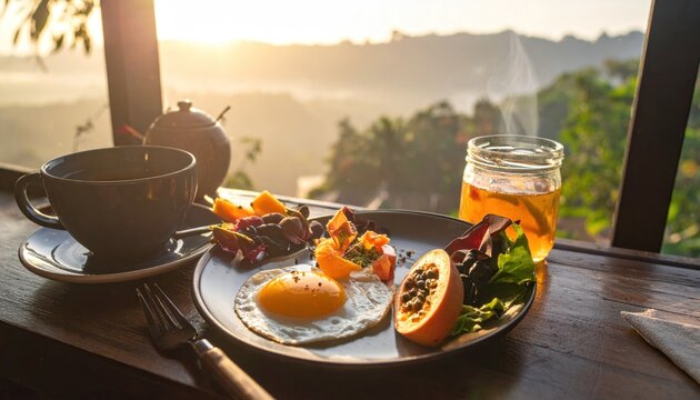 Morning sunlit breakfast with eggs, fruit, and tea on a wooden table overlooking lush green landscape