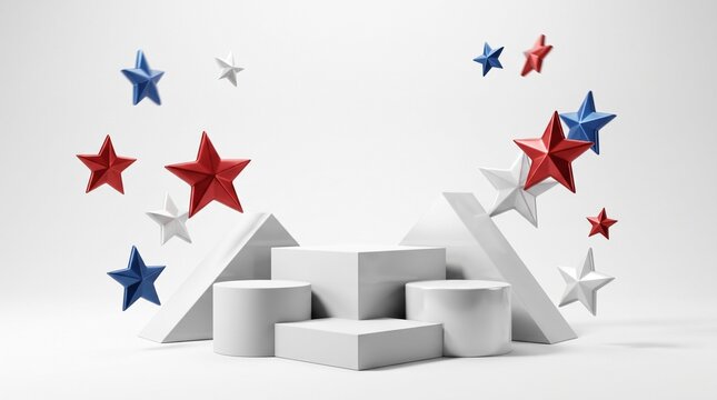 3D Render Independence Day Background with Geometric Podium and Stars