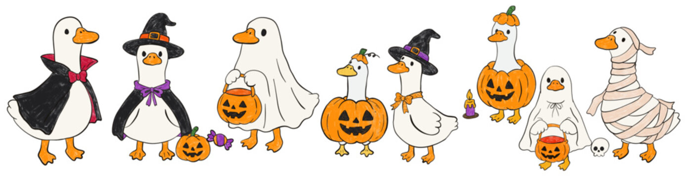Happy Halloween Seamless Pattern set Vector cute illustration in hand drawn style.Seamless Halloween Pattern with Cute Silly Goose Ghost Pumpkin  Spooky Costume.