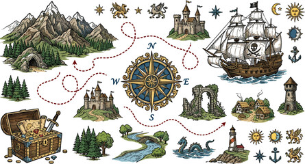 Obraz premium Vintage treasure map elements collection with compass rose pirate ship old castle mountains and treasure chest for fantasy adventure graphic design project