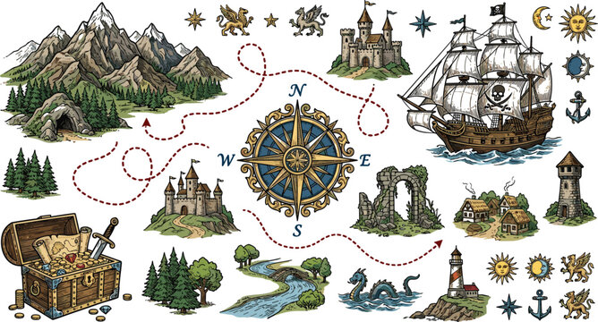 Vintage treasure map elements collection with compass rose pirate ship old castle mountains and treasure chest for fantasy adventure graphic design project